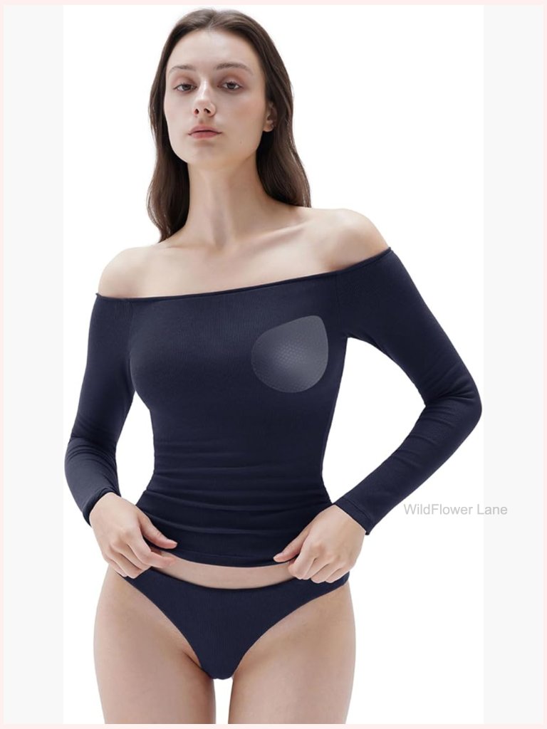 Padded Off Shoulder Long Sleeve Ribbed Top Cotton Blouse
